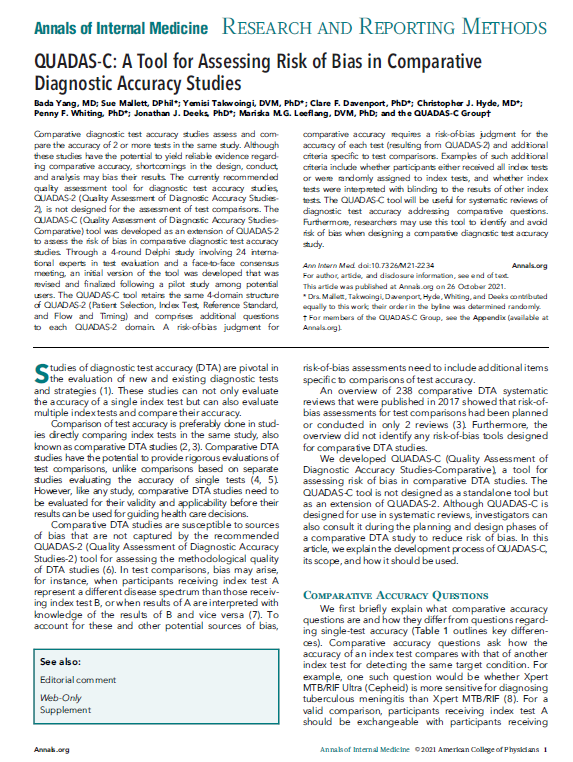 Copy of the front page of the QUADAS-C publication in annals of internal medicine